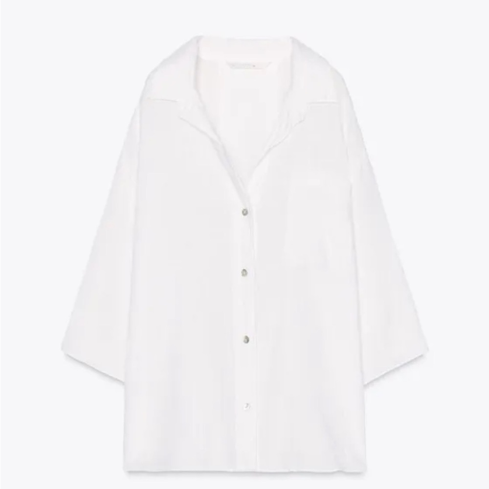 NWT: Zara Classic White 100% Linen Oversized Shirt in Sz: Small.